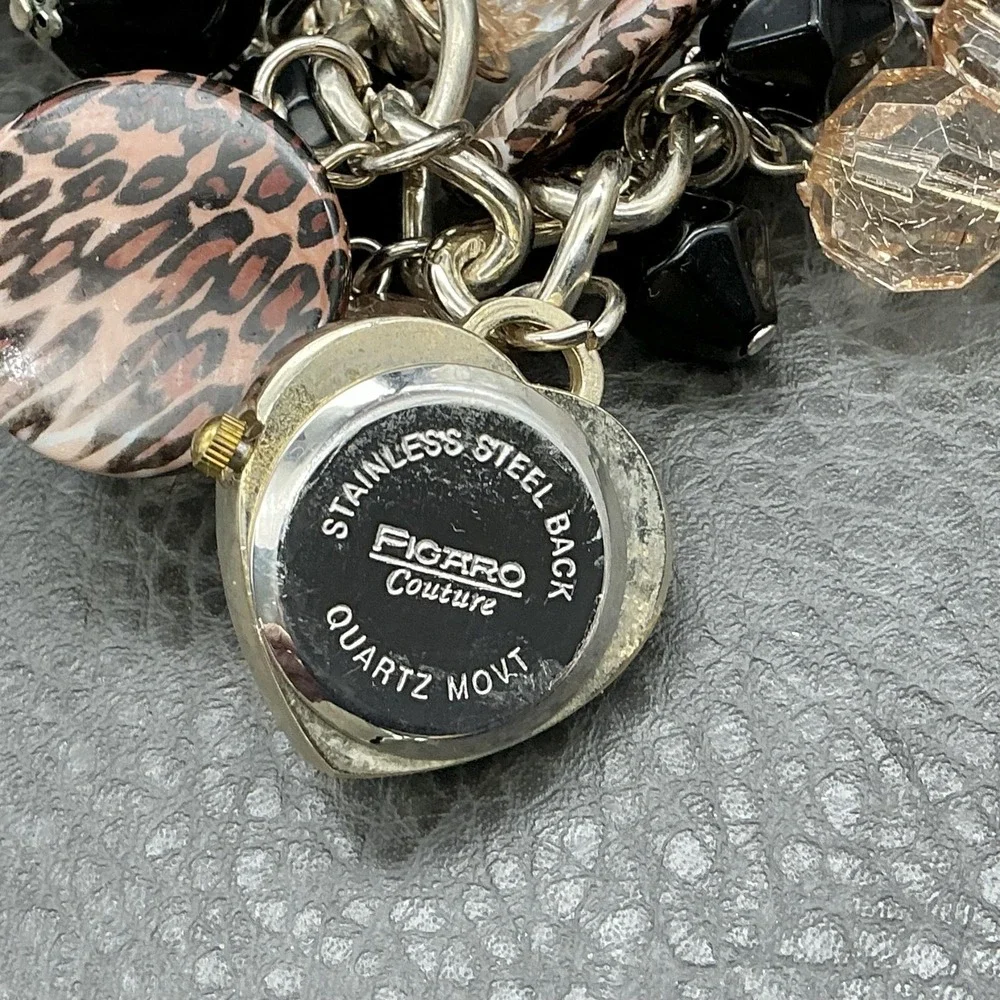 Figaro Bracelet Heart Watch Charm Leopard Bead‎ Multicolor Womens NEW BATTERY